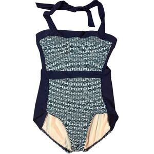 Talbots One Piece Swim Suit Halter Navy Blue Aqua Geometric Print Size 12 Retro‎